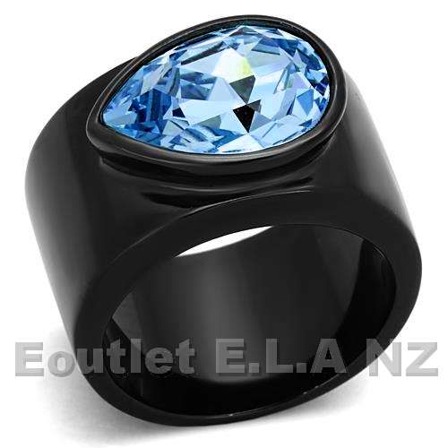 BLUE TEAR SWAROVSKI CRYSTALS BLACK STAINLESS STEEL RING-6 sizes